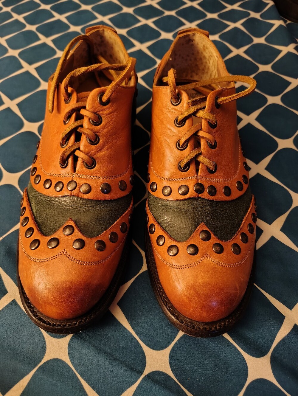 John Fluevog Living 2.0 Studly Wingtip Oxford Shoes Brown Green - Size 8M